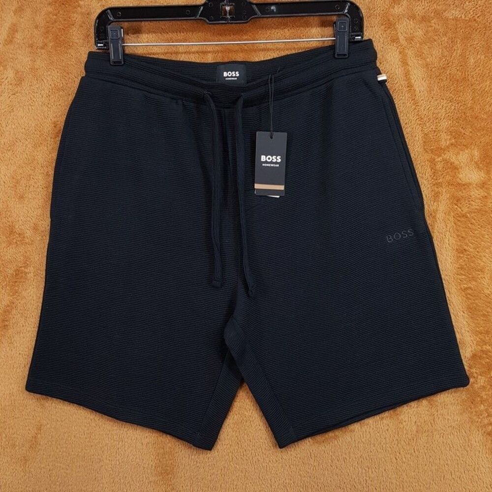 HUGO BOSS Lounge Shorts Mens Large Black Pull On Drawstring Ribbed Knit